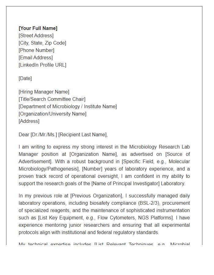 Microbiology Research Lab Manager Cover Letter Template