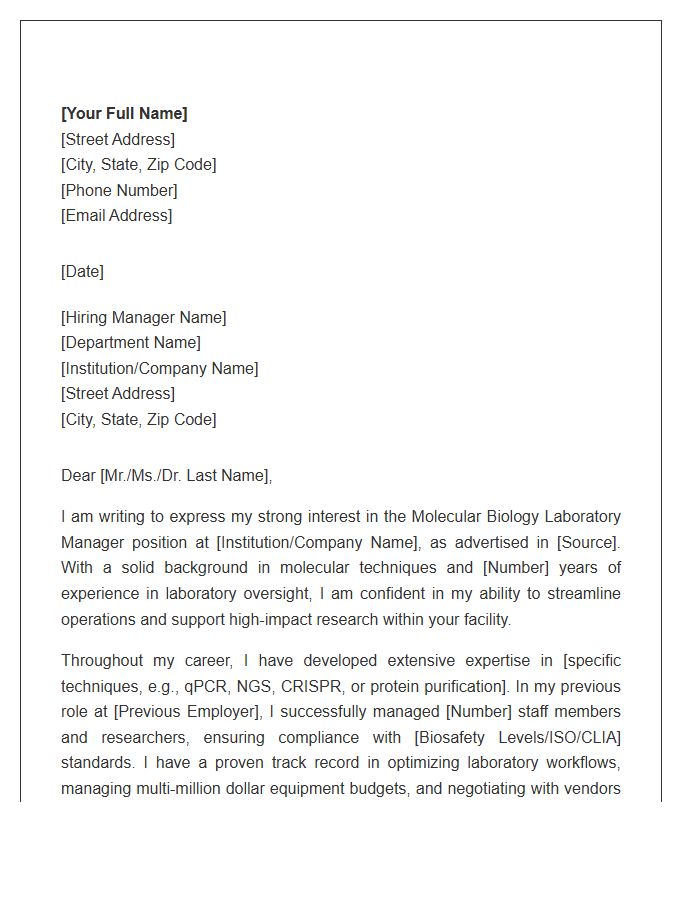 Molecular Biology Laboratory Manager Cover Letter Template
