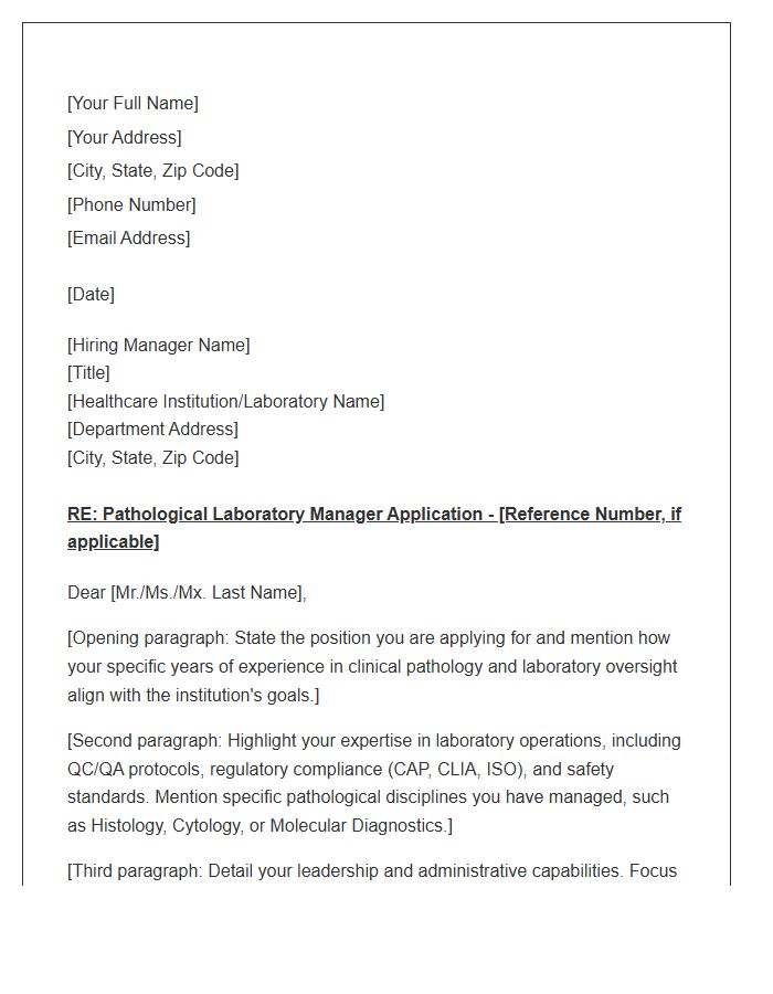 Pathological Laboratory Manager Cover Letter Template