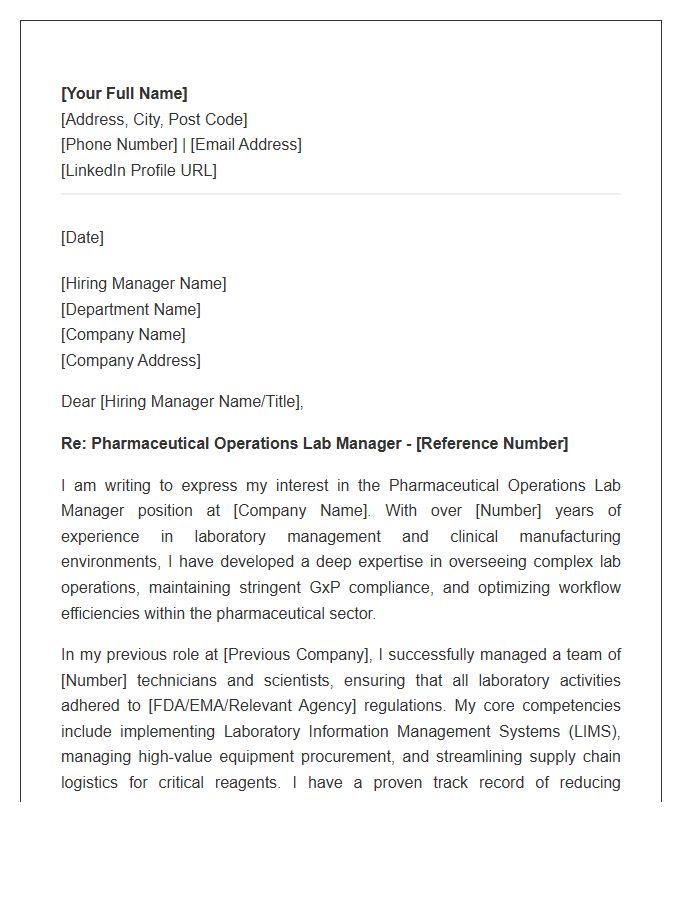 Pharmaceutical Operations Lab Manager Cover Letter Template