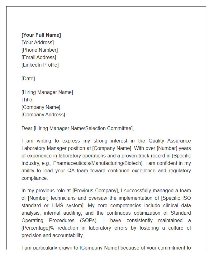 Quality Assurance Laboratory Manager Cover Letter Template