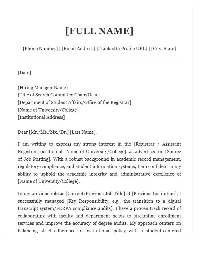 Collegiate Registrar Professional Cover Letter Template