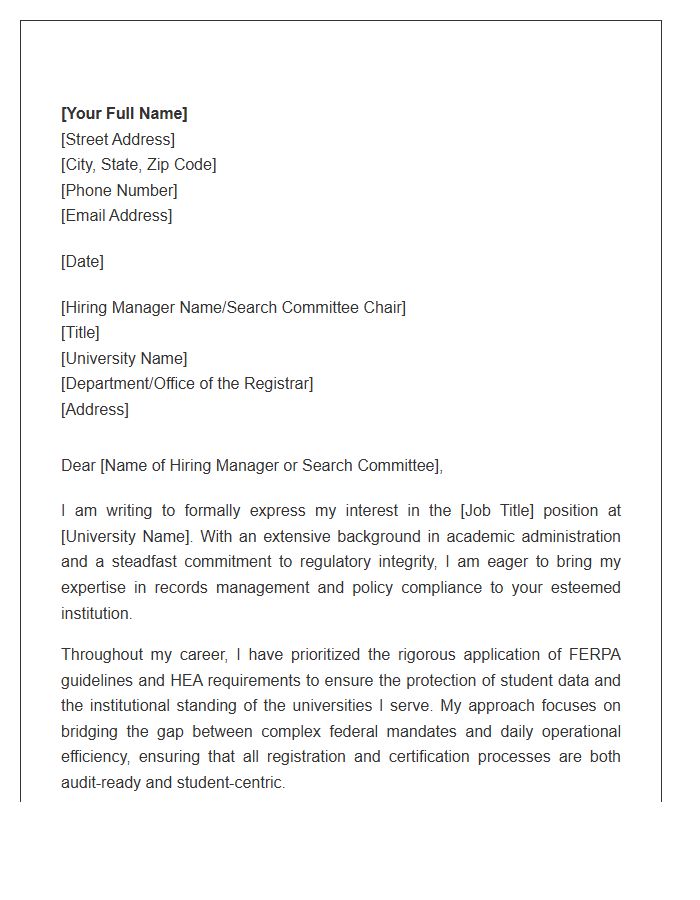 Compliance Focused University Registrar Cover Letter Template