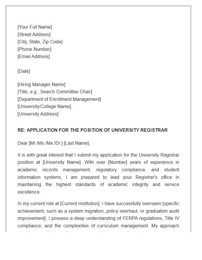 Higher Education Registrar Application Cover Letter Template