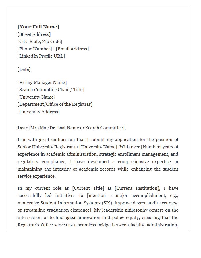 Senior University Registrar Cover Letter Template
