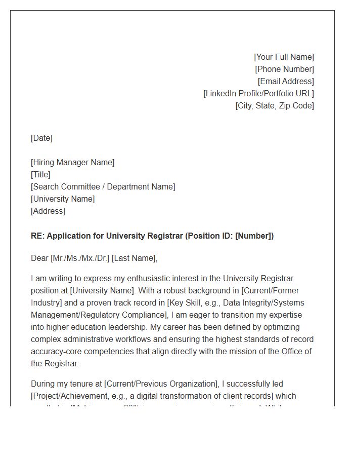 University Registrar Career Transition Cover Letter Template