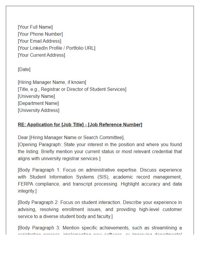 University Student Services Registrar Cover Letter Template