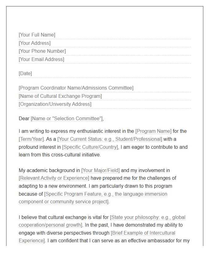 Cultural Exchange Program Cover Letter Template