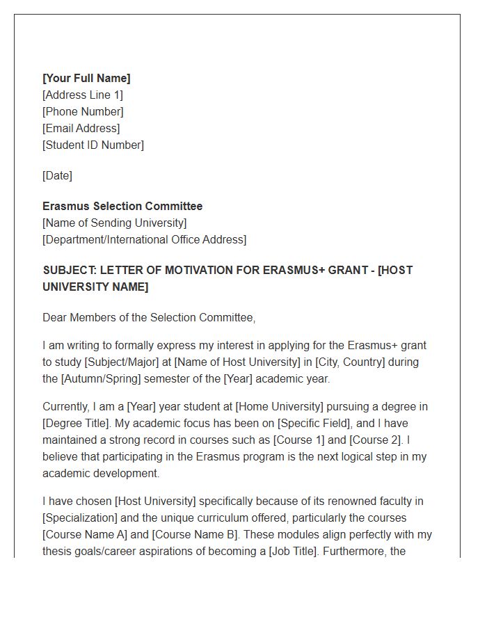 Erasmus Grant Program Cover Letter Template