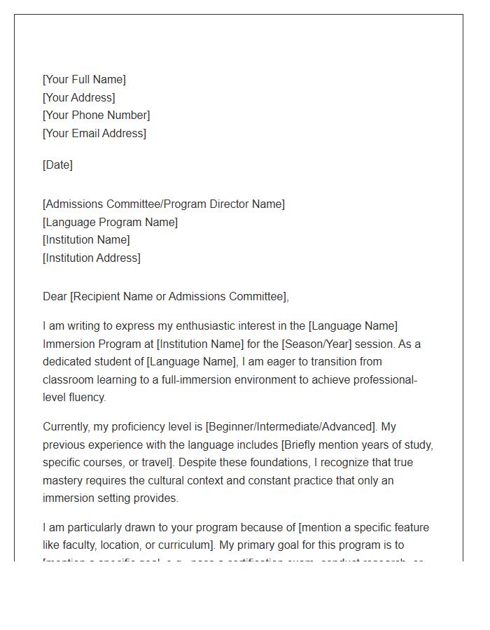 Language Immersion Program Cover Letter Template