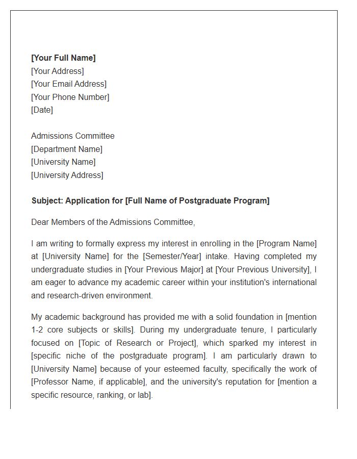 Postgraduate International Study Cover Letter Template