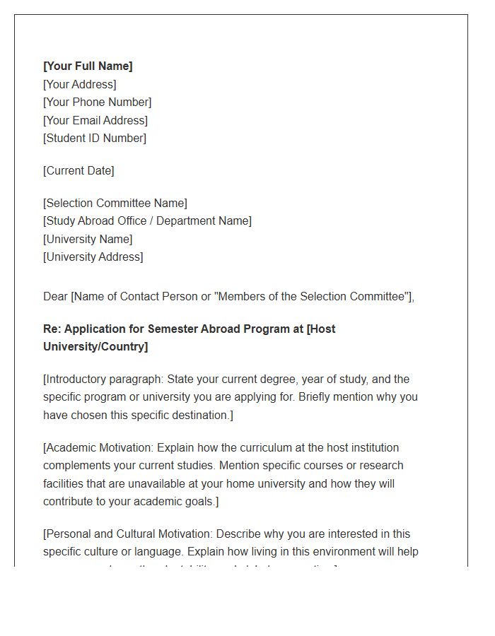 University Semester Abroad Cover Letter Template