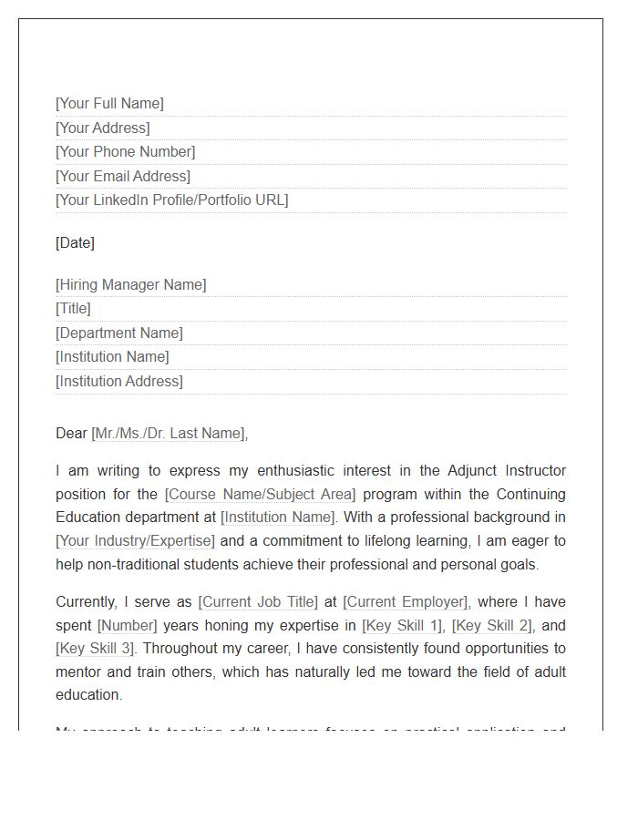 Adjunct Continuing Education Instructor Cover Letter Template