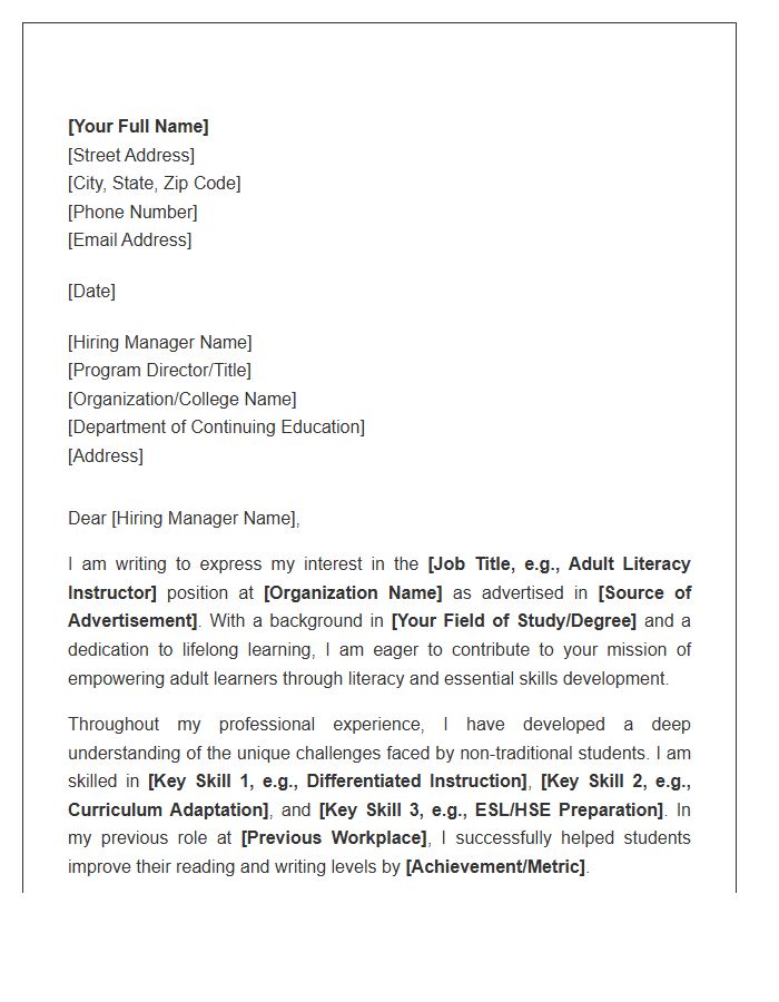 Adult Literacy Continuing Education Cover Letter Template