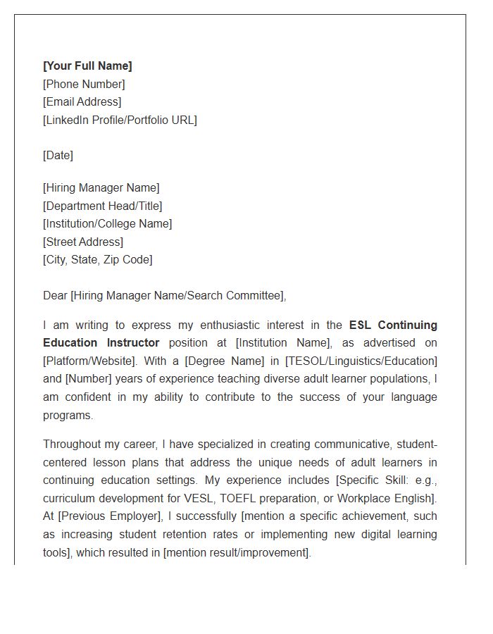 ESL Continuing Education Instructor Cover Letter Template