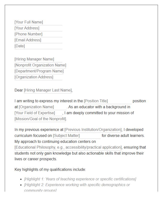 Nonprofit Continuing Education Instructor Cover Letter Template