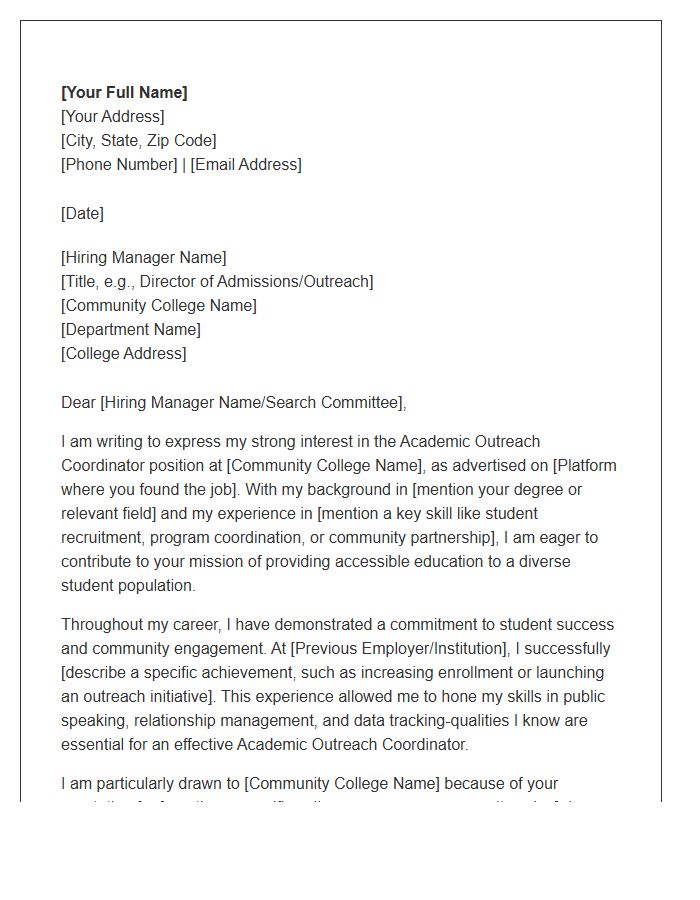 Community College Academic Outreach Coordinator Cover Letter Template