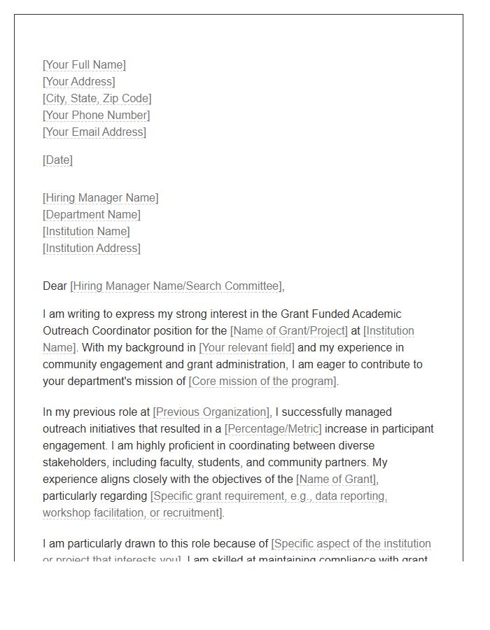 Grant Funded Academic Outreach Coordinator Cover Letter Template