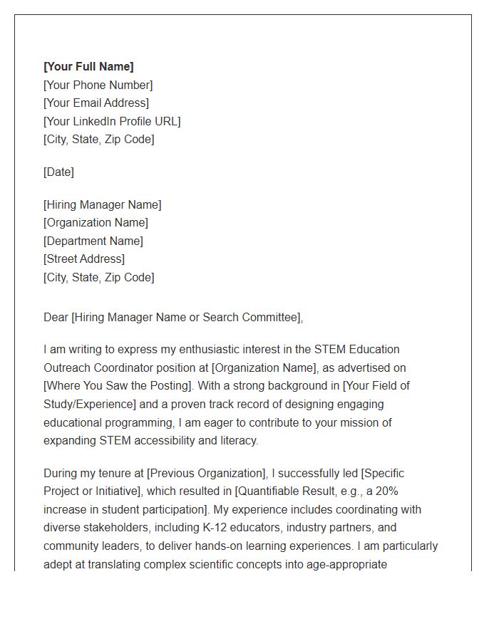 STEM Education Outreach Coordinator Cover Letter Template