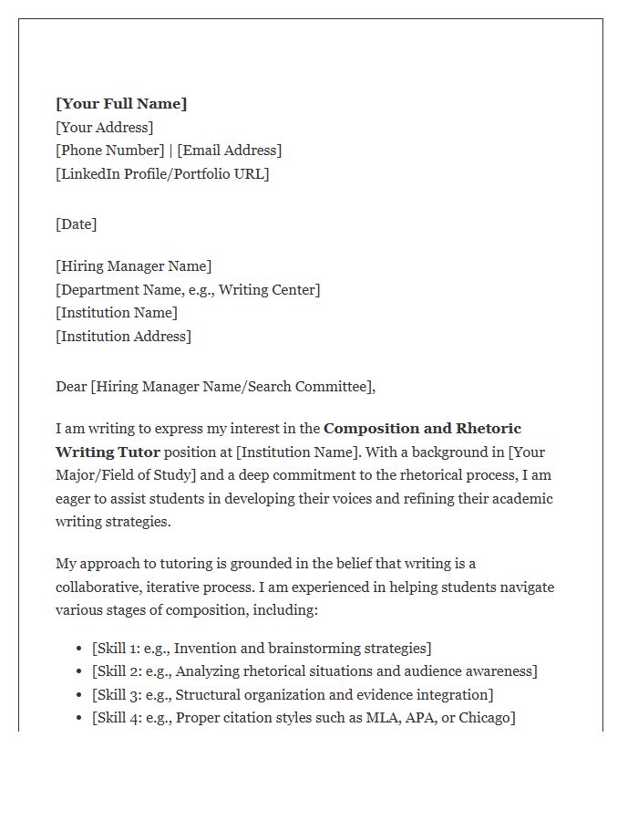 Composition And Rhetoric Writing Tutor Cover Letter Template