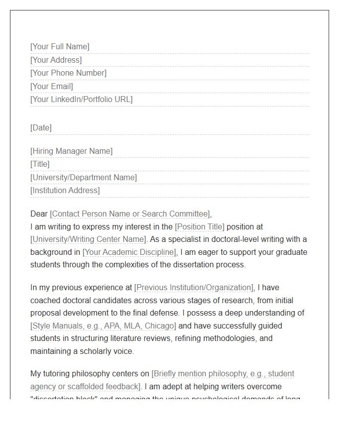 Dissertation Specialist Writing Tutor Cover Letter Template