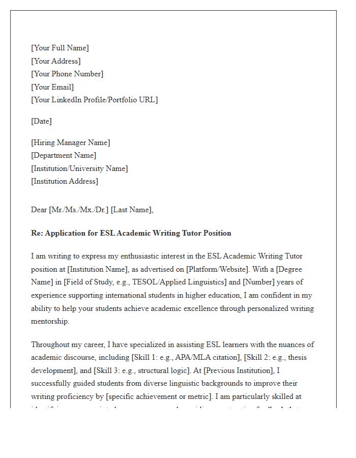 ESL Academic Writing Tutor Cover Letter Template