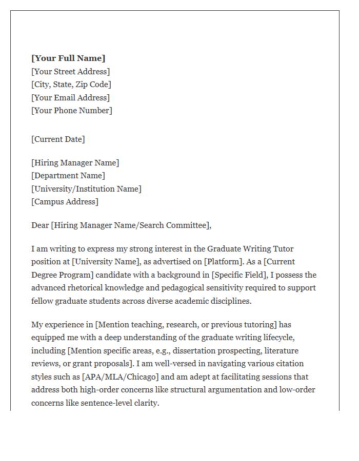 Graduate Level Writing Tutor Cover Letter Template