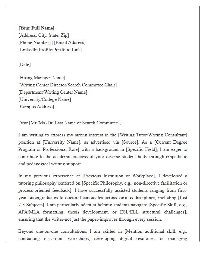 Higher Education Writing Tutor Cover Letter Template