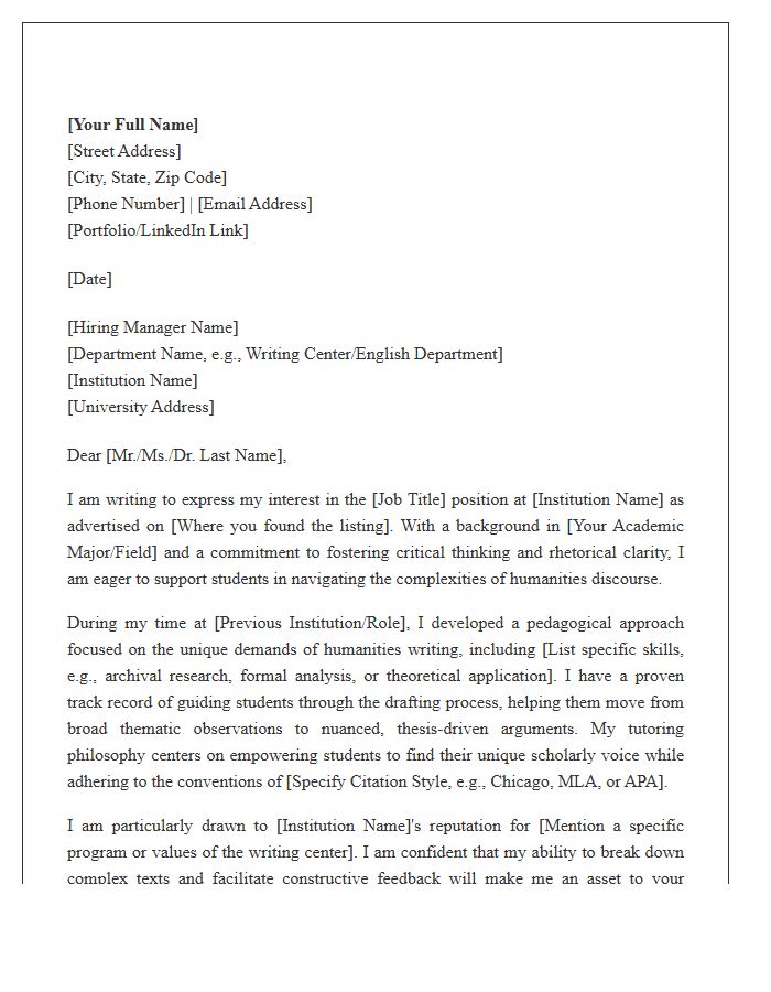 Humanities Academic Writing Tutor Cover Letter Template