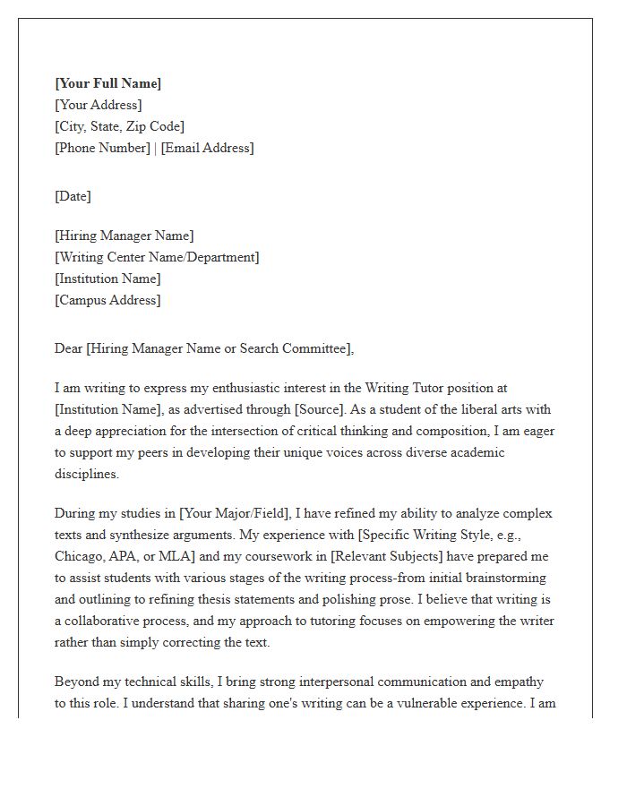 Liberal Arts Writing Tutor Cover Letter Template