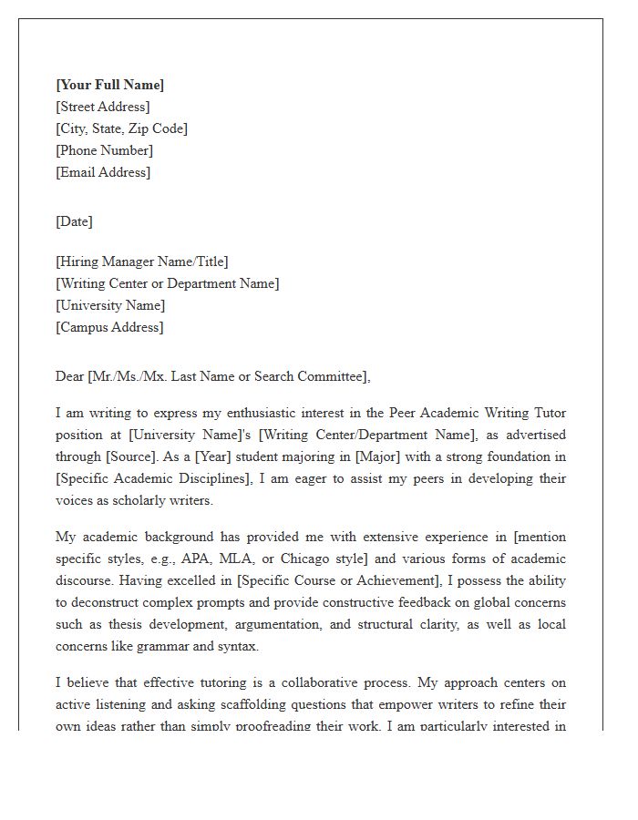 Peer Academic Writing Tutor Cover Letter Template