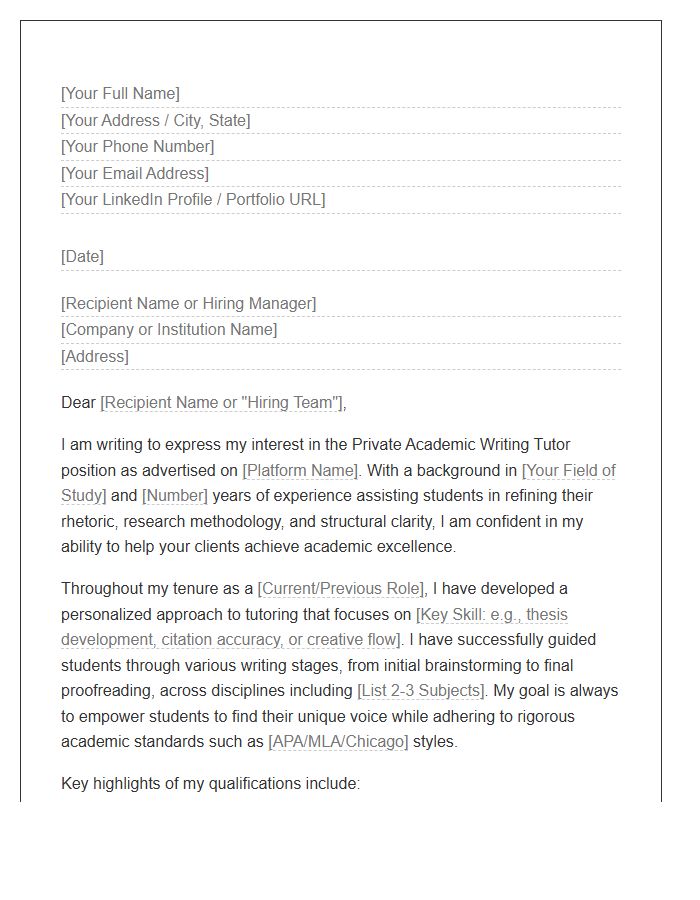 Private Academic Writing Tutor Cover Letter Template