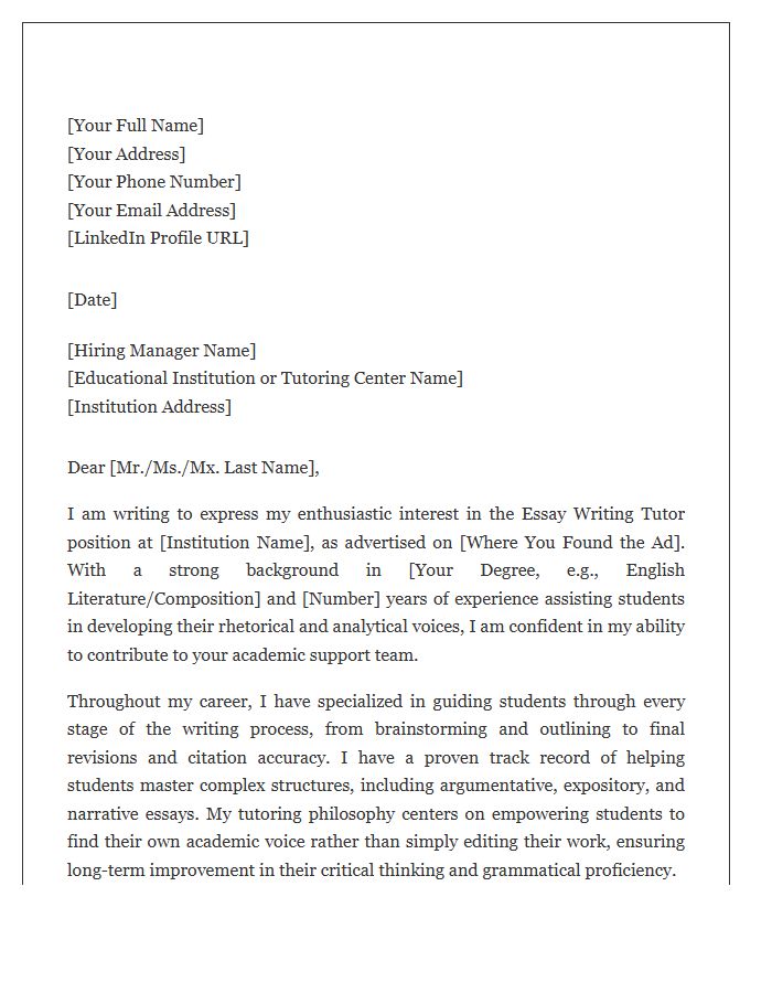 Professional Essay Writing Tutor Cover Letter Template