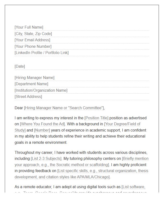 Remote Academic Writing Tutor Cover Letter Template