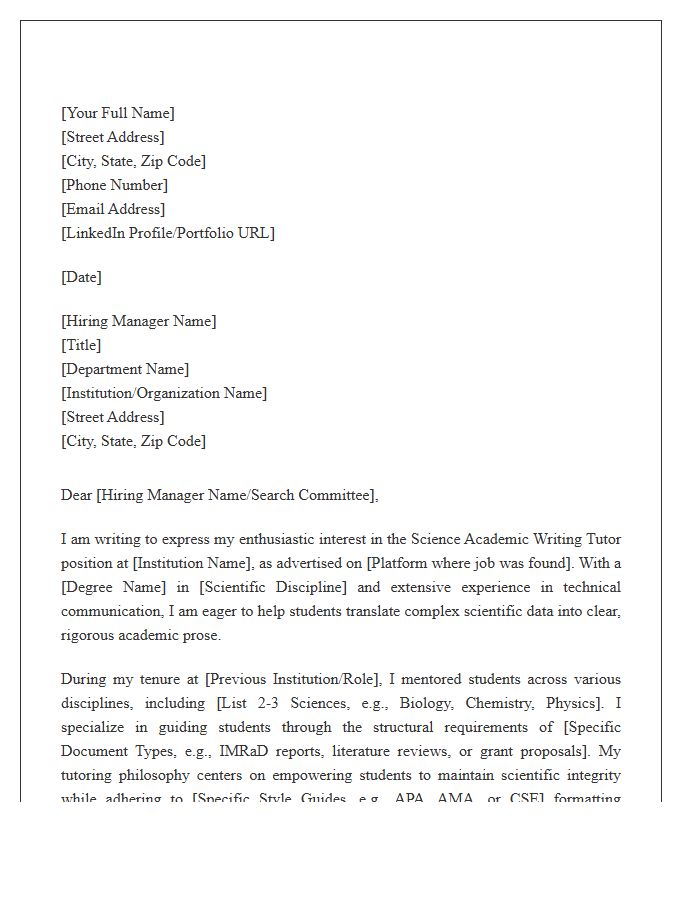 Science Academic Writing Tutor Cover Letter Template