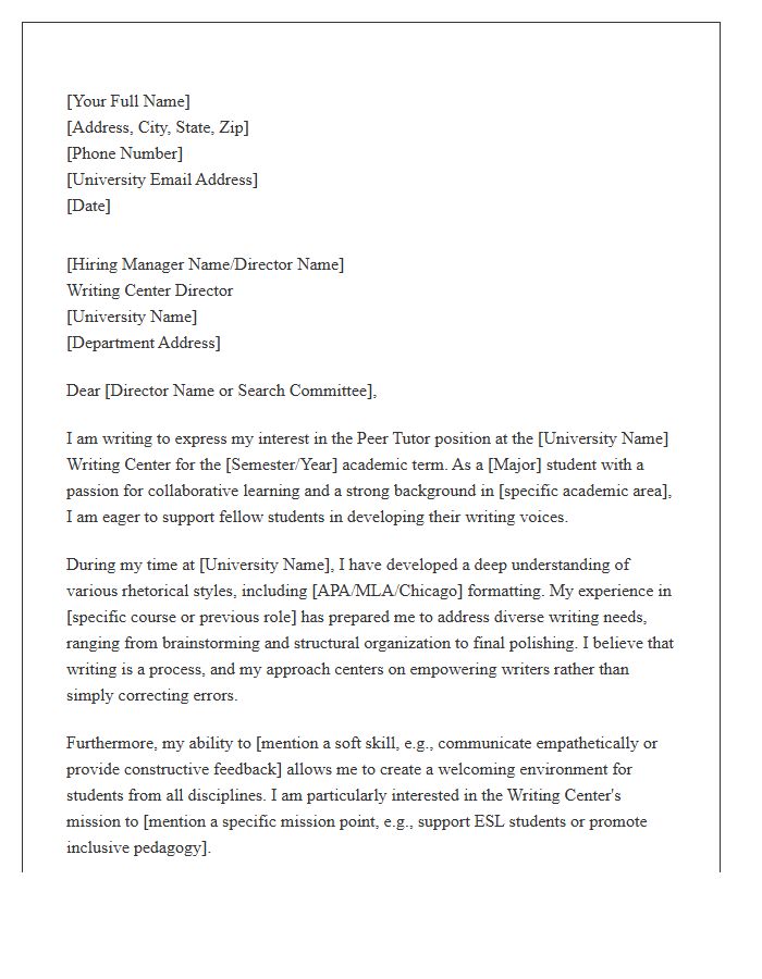 University Writing Center Tutor Cover Letter Template