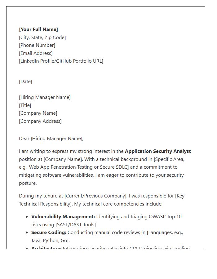 Application Security Analyst Technical Cover Letter Template