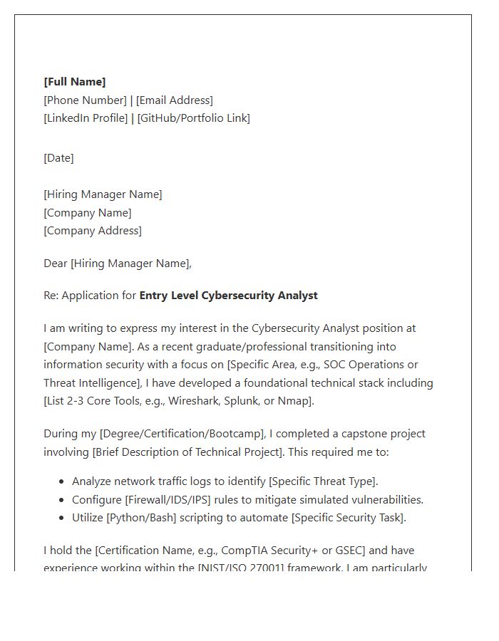 Entry Level Cybersecurity Analyst Technical Cover Letter Template