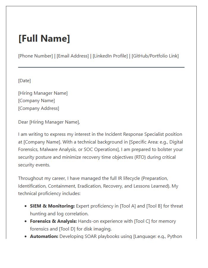 Incident Response Specialist Technical Cover Letter Template