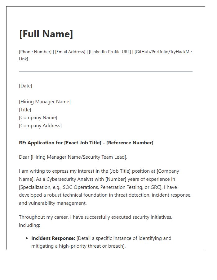 Professional Cybersecurity Analyst Technical Cover Letter Template