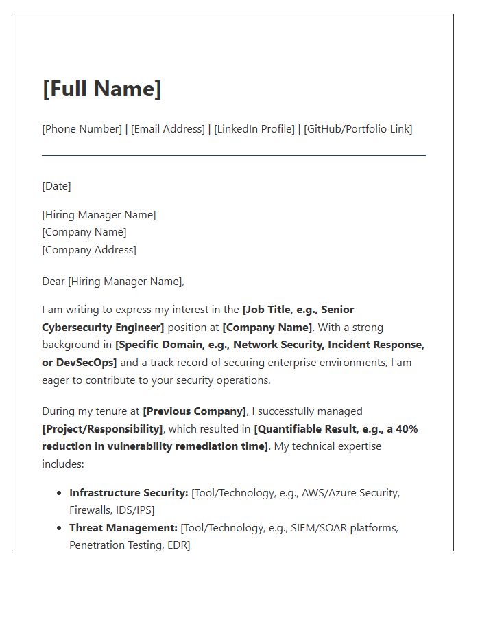 Technical Cover Letter Template For Cybersecurity Engineer Position