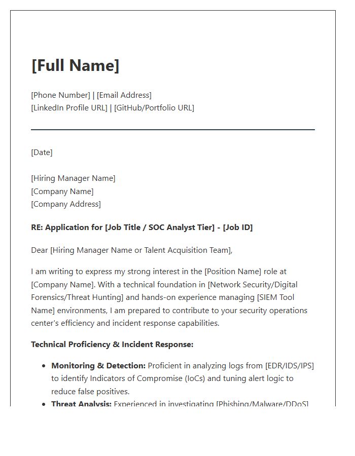 Technical Cover Letter Template For SOC Analyst Roles