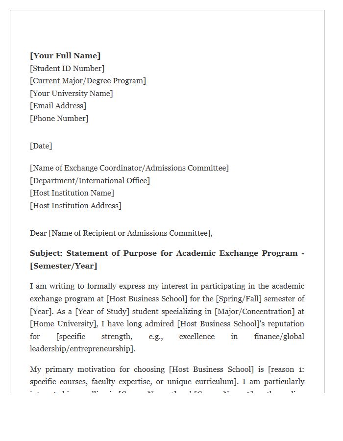 Business School Academic Exchange Cover Letter Template
