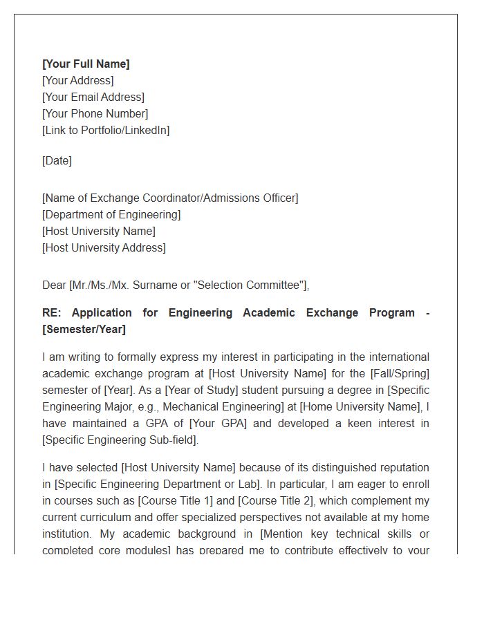 Engineering Program Academic Exchange Cover Letter Template