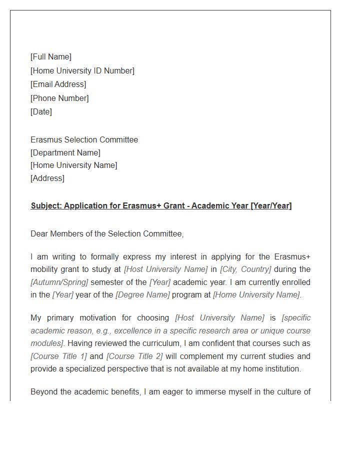 Erasmus Grant Academic Exchange Cover Letter Template