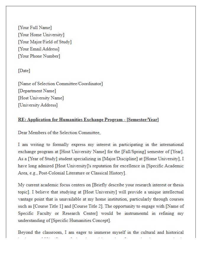 Humanities Academic Exchange Student Cover Letter Template
