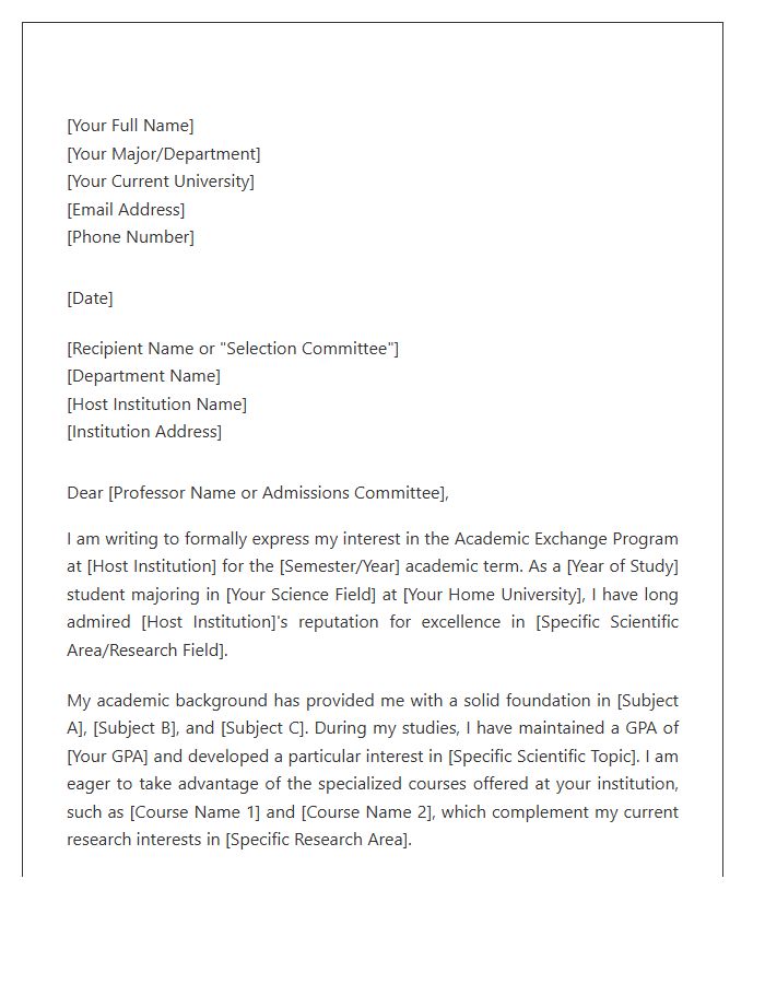 Science Student Academic Exchange Cover Letter Template