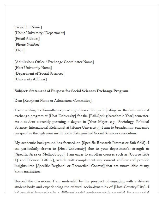Social Sciences Exchange Student Cover Letter Template