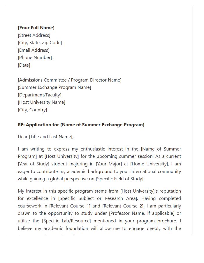 Summer Academic Exchange Student Cover Letter Template