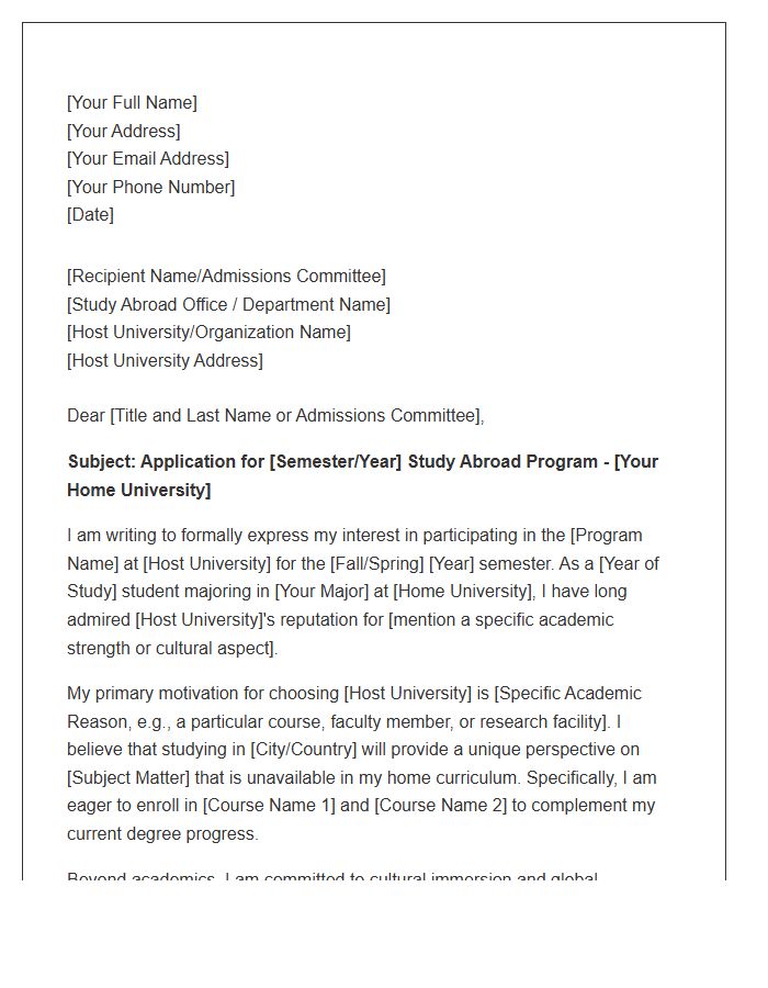 Undergraduate Semester Abroad Cover Letter Template
